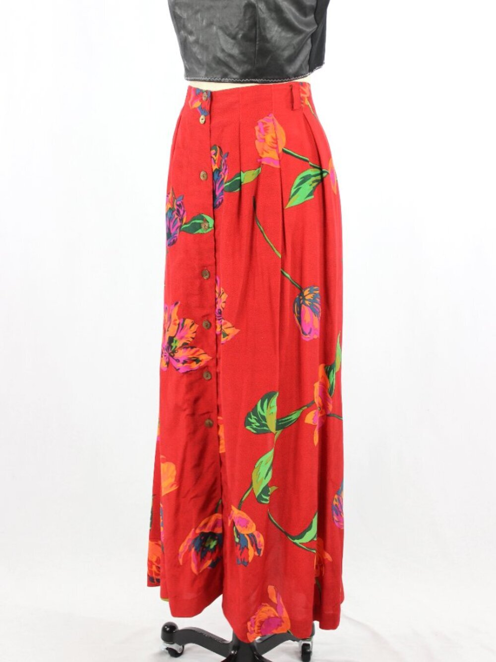 Vintage 80's MONDI Red Floral ViscosePleated A-Line Midi Skirt, Size 18 - Picture 5 of 14